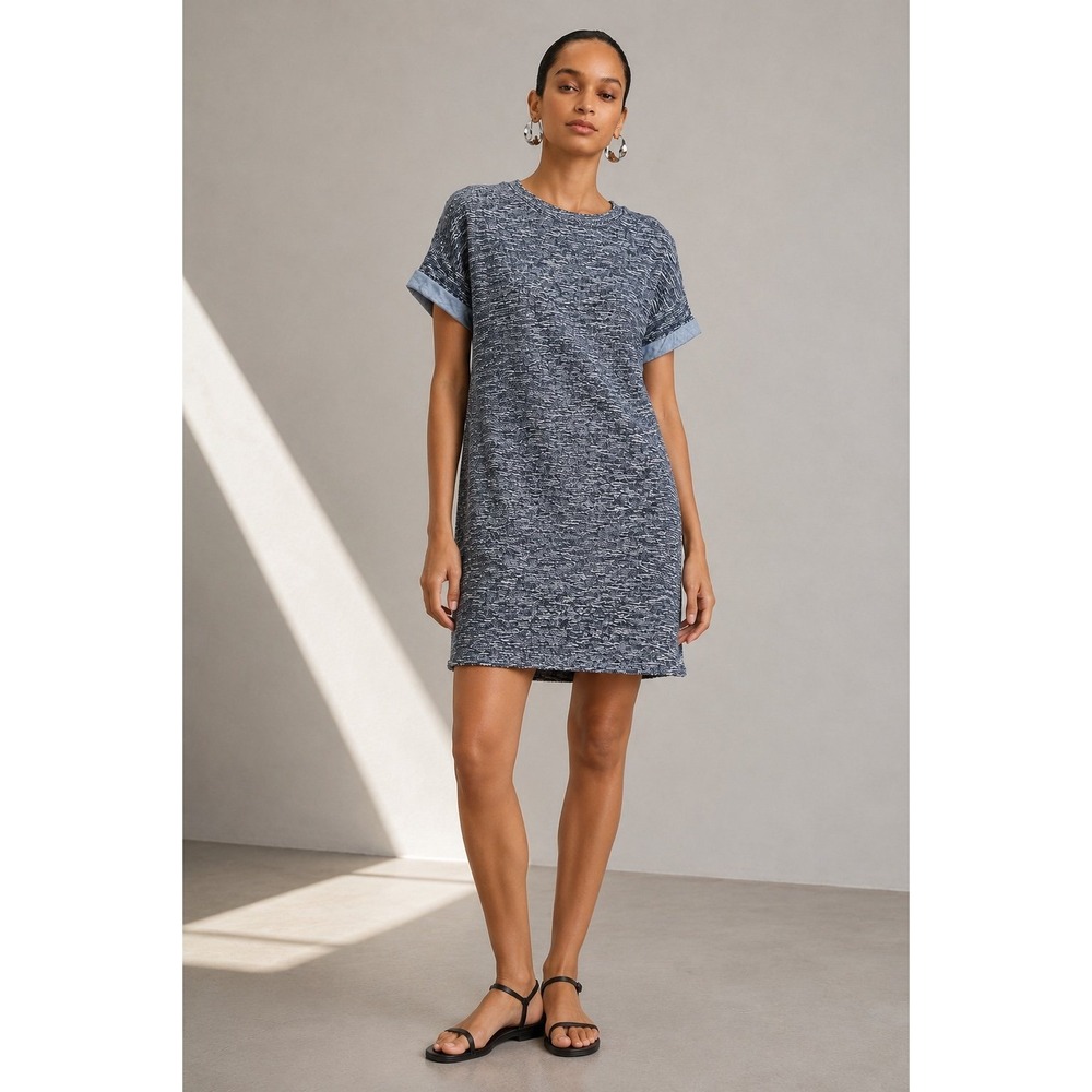 Vince Indigo Marled Knit Cotton Blend Shift Dress Size S Blue Gray Rolled Sleeve